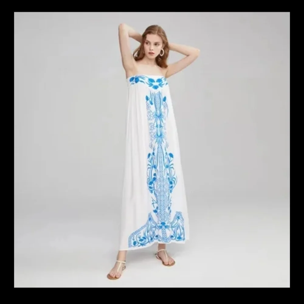 Chic White and Blue Strapless Maxi Dress - Picture 4 of 16